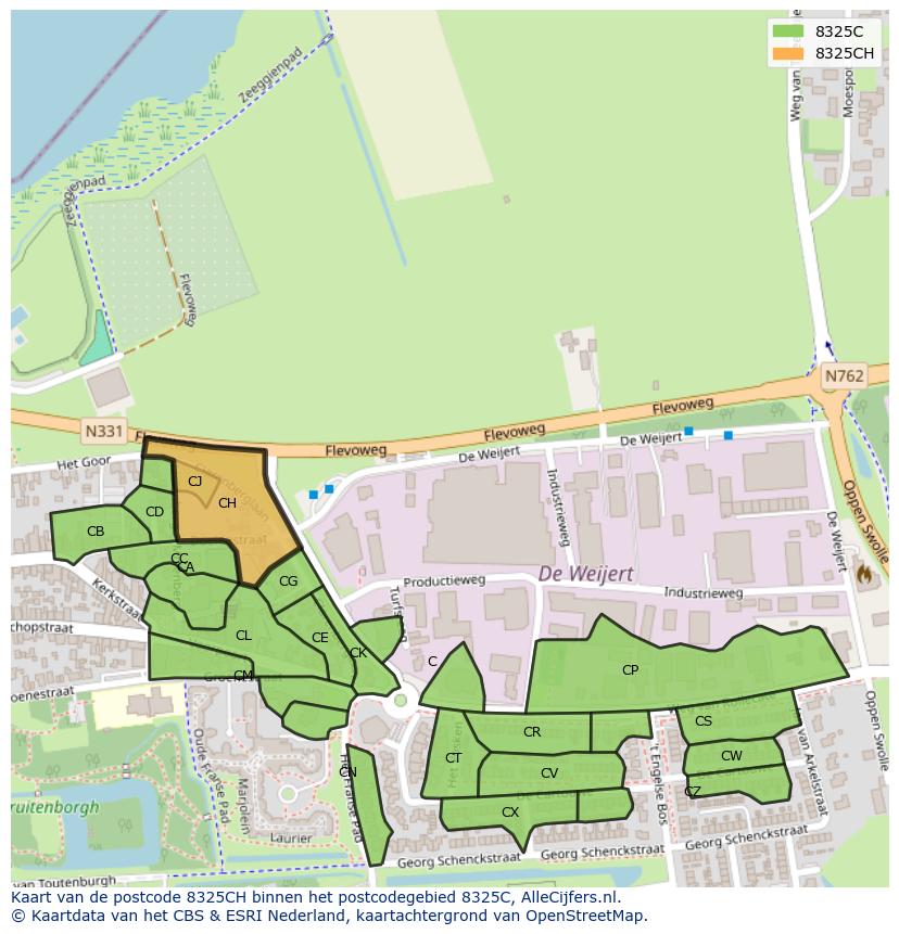 Afbeelding van het postcodegebied 8325 CH op de kaart.