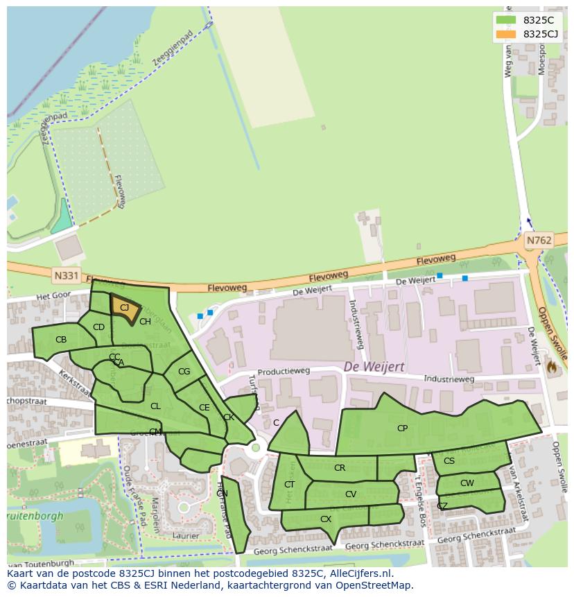 Afbeelding van het postcodegebied 8325 CJ op de kaart.