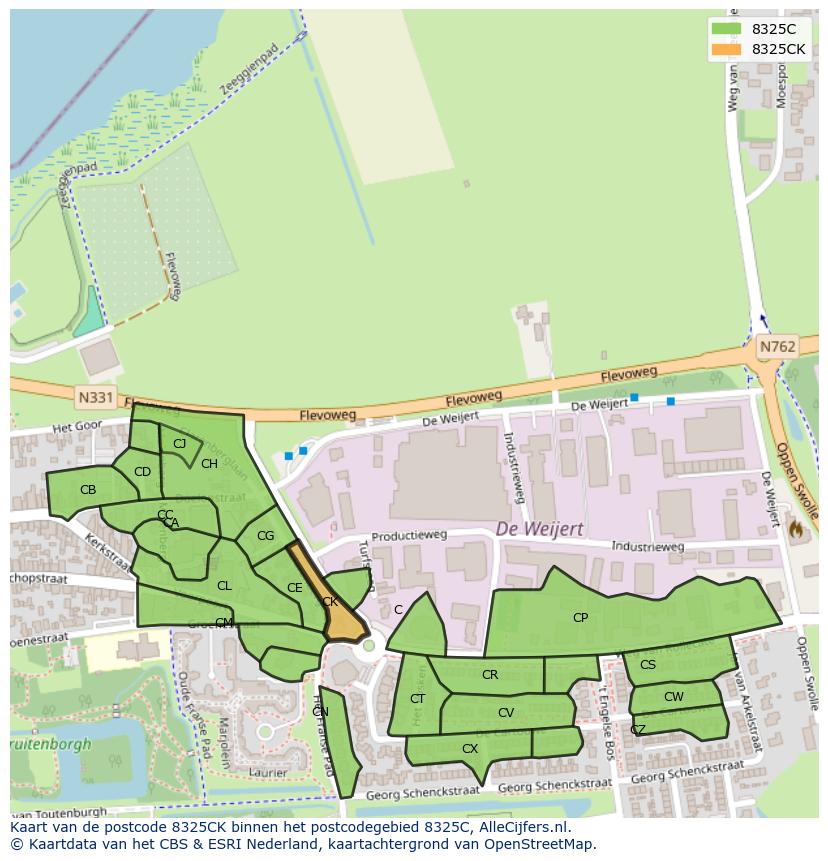 Afbeelding van het postcodegebied 8325 CK op de kaart.