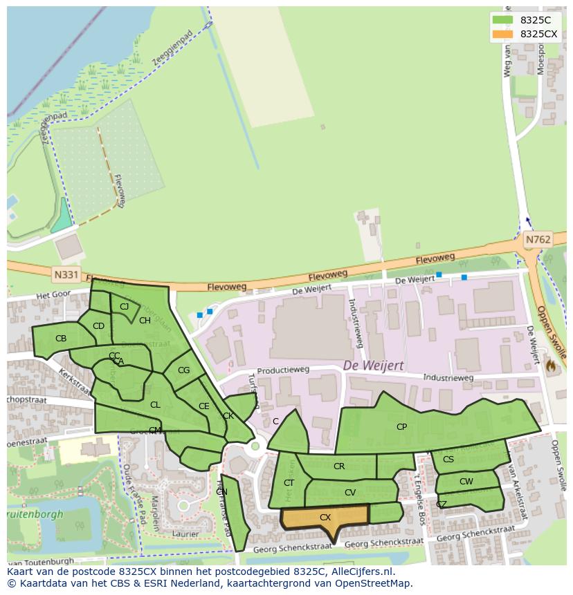 Afbeelding van het postcodegebied 8325 CX op de kaart.