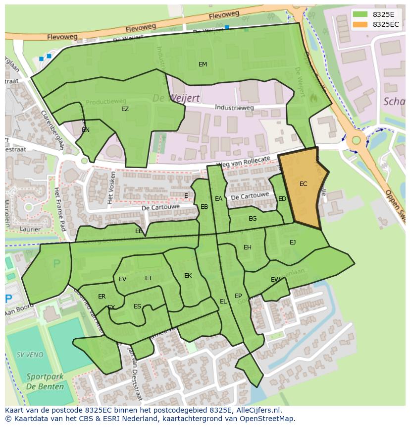 Afbeelding van het postcodegebied 8325 EC op de kaart.