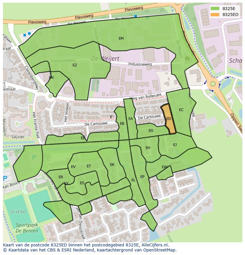 Afbeelding van het postcodegebied 8325 ED op de kaart.