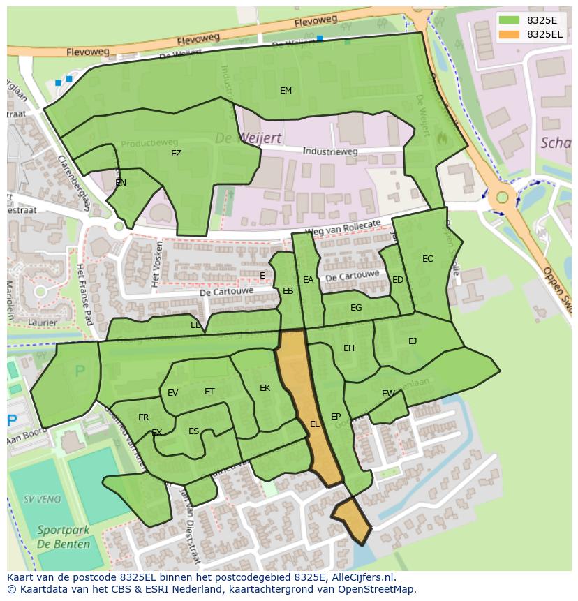 Afbeelding van het postcodegebied 8325 EL op de kaart.