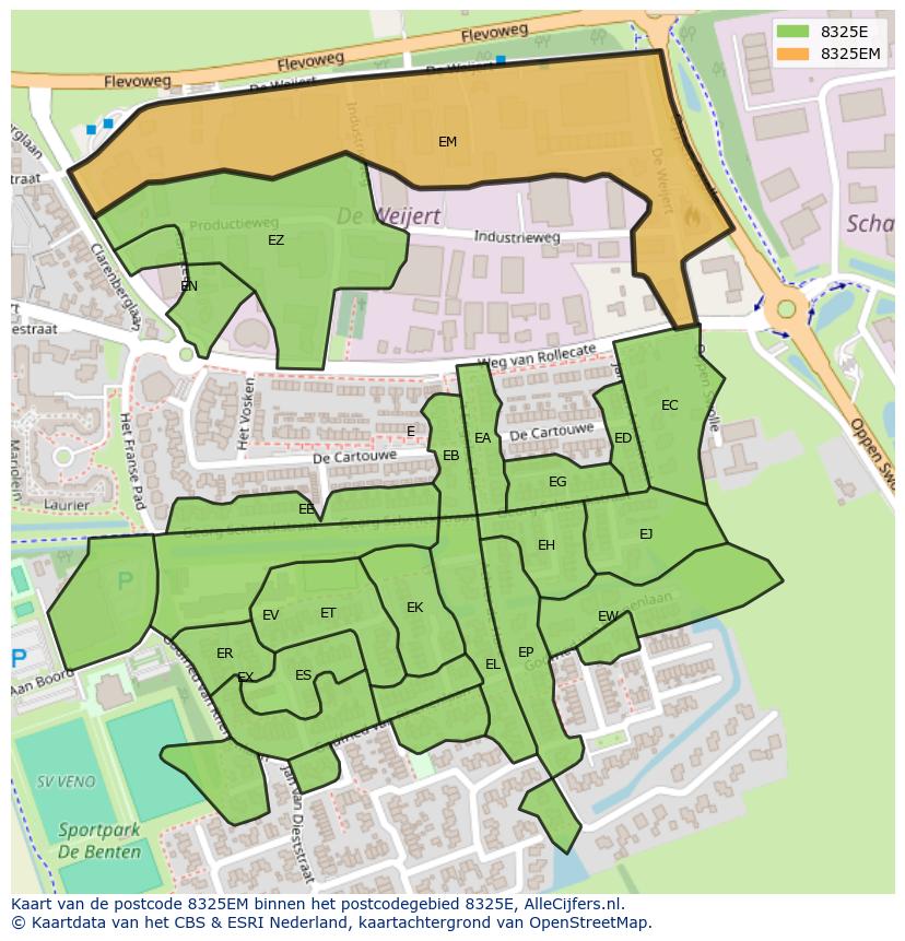 Afbeelding van het postcodegebied 8325 EM op de kaart.