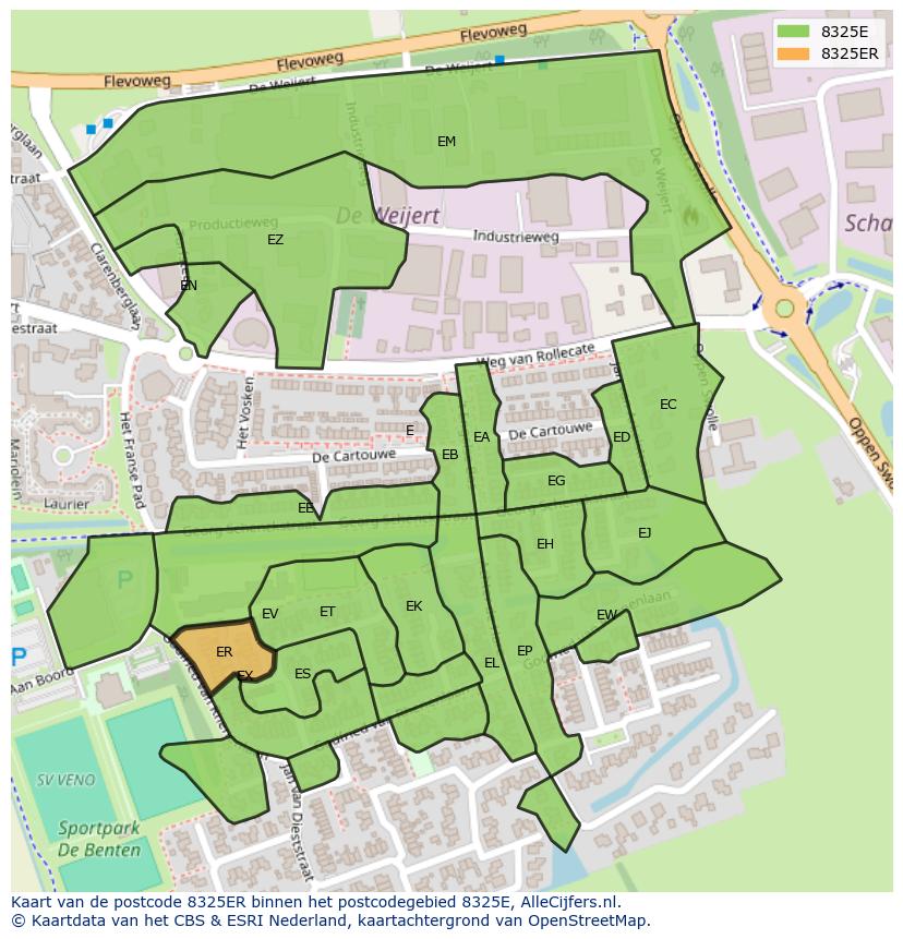 Afbeelding van het postcodegebied 8325 ER op de kaart.