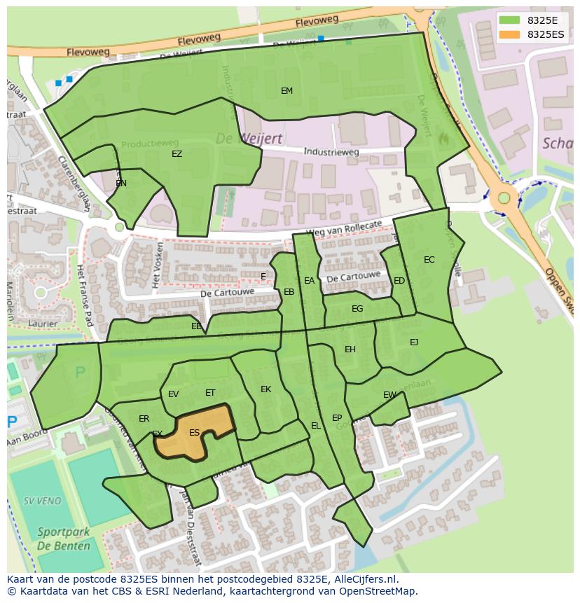 Afbeelding van het postcodegebied 8325 ES op de kaart.