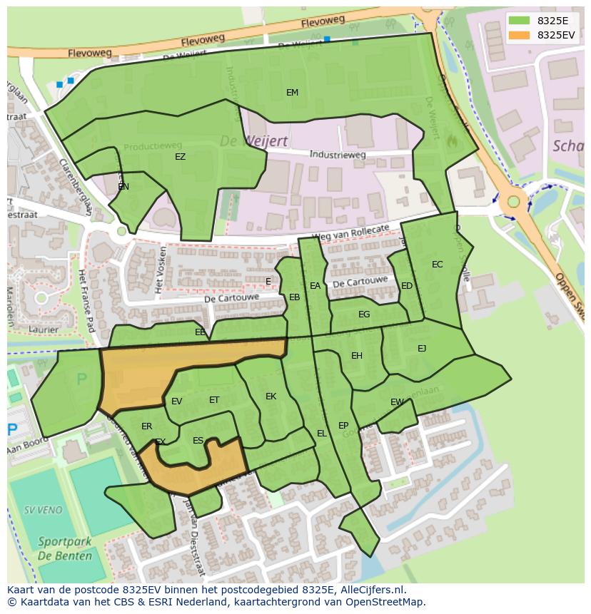Afbeelding van het postcodegebied 8325 EV op de kaart.