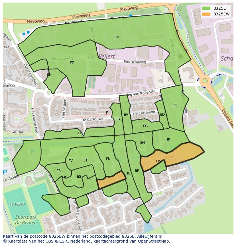 Afbeelding van het postcodegebied 8325 EW op de kaart.