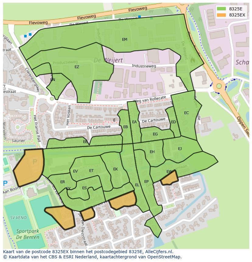 Afbeelding van het postcodegebied 8325 EX op de kaart.