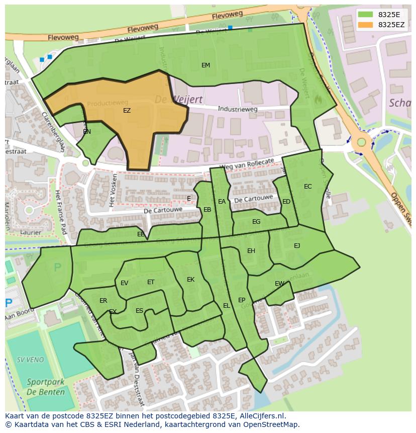 Afbeelding van het postcodegebied 8325 EZ op de kaart.
