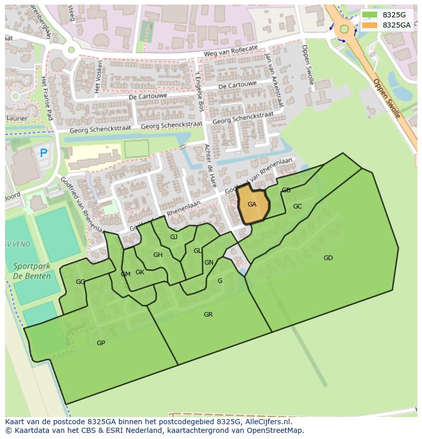 Afbeelding van het postcodegebied 8325 GA op de kaart.