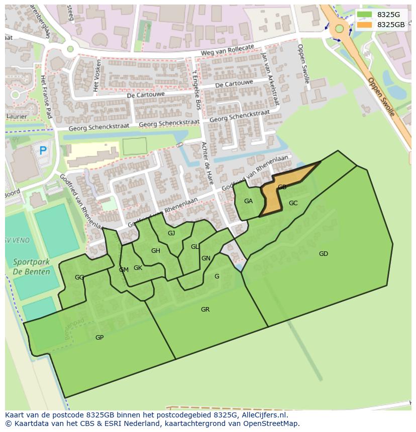 Afbeelding van het postcodegebied 8325 GB op de kaart.