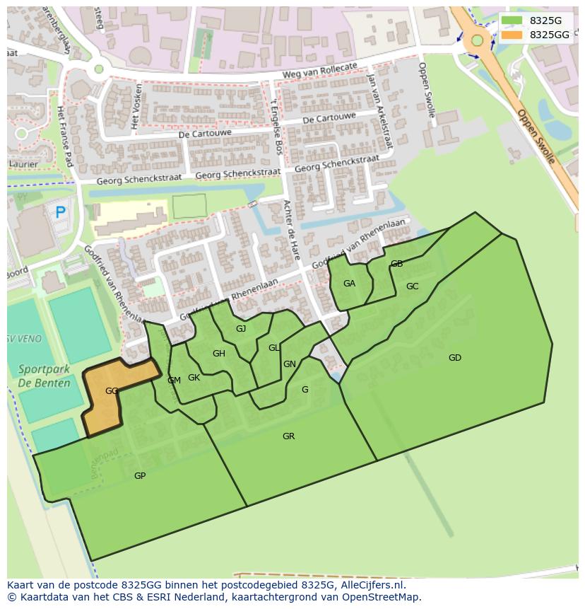Afbeelding van het postcodegebied 8325 GG op de kaart.