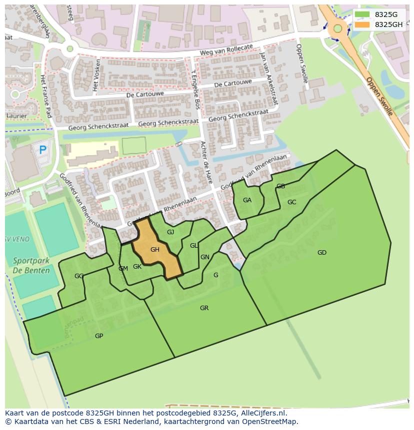 Afbeelding van het postcodegebied 8325 GH op de kaart.