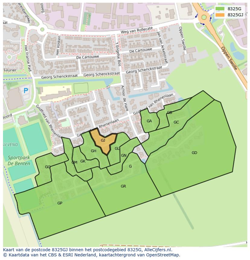 Afbeelding van het postcodegebied 8325 GJ op de kaart.