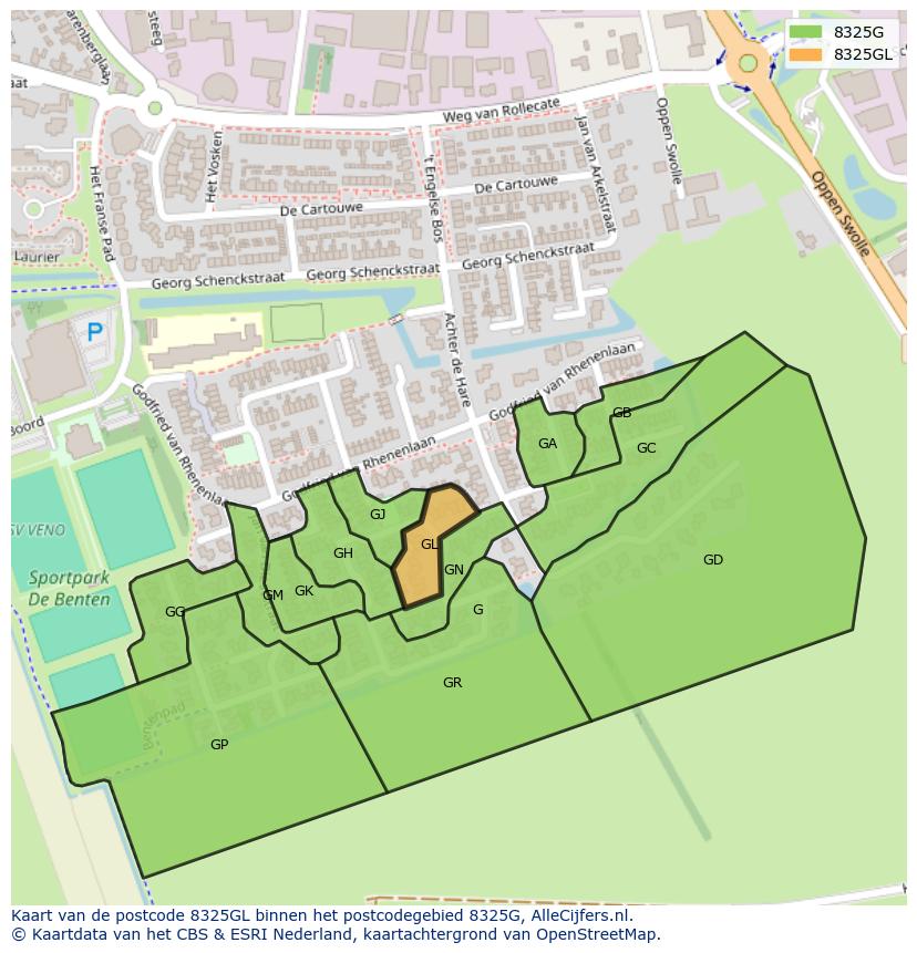 Afbeelding van het postcodegebied 8325 GL op de kaart.
