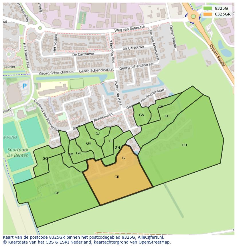 Afbeelding van het postcodegebied 8325 GR op de kaart.