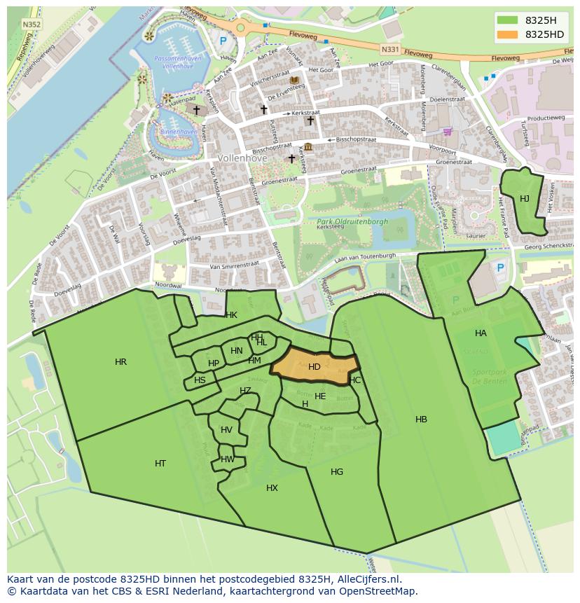 Afbeelding van het postcodegebied 8325 HD op de kaart.
