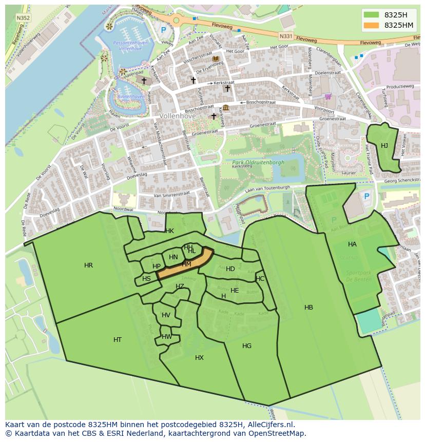 Afbeelding van het postcodegebied 8325 HM op de kaart.