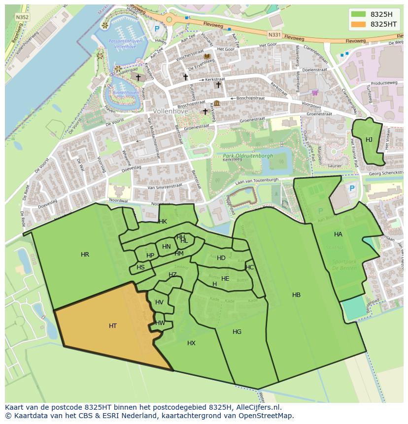 Afbeelding van het postcodegebied 8325 HT op de kaart.