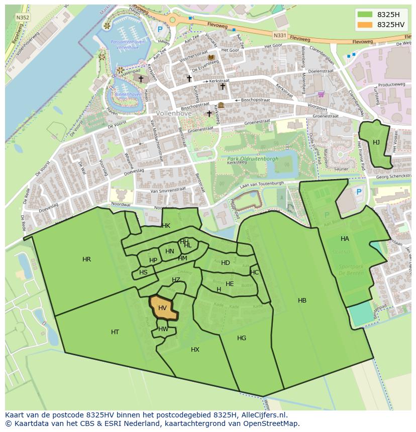 Afbeelding van het postcodegebied 8325 HV op de kaart.