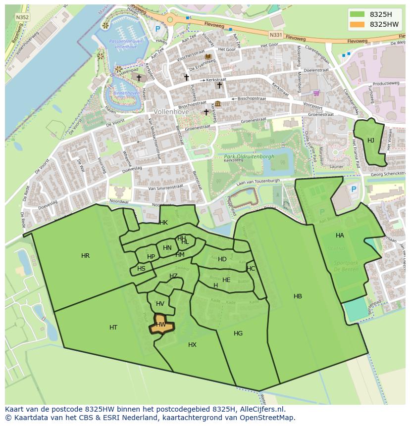 Afbeelding van het postcodegebied 8325 HW op de kaart.