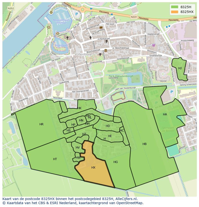 Afbeelding van het postcodegebied 8325 HX op de kaart.