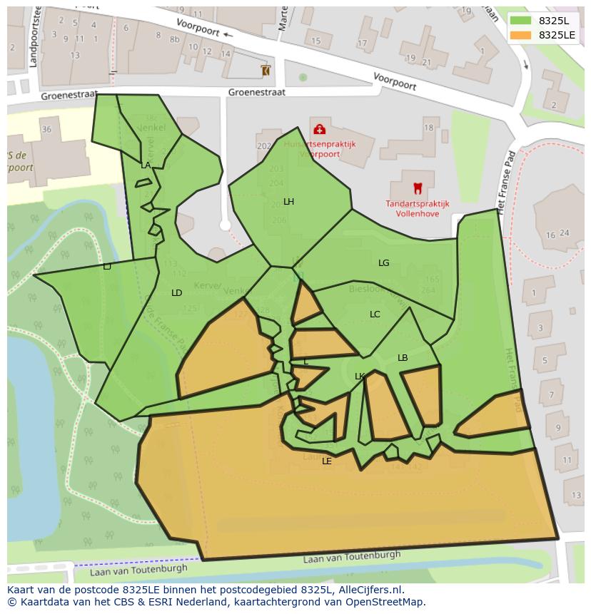 Afbeelding van het postcodegebied 8325 LE op de kaart.