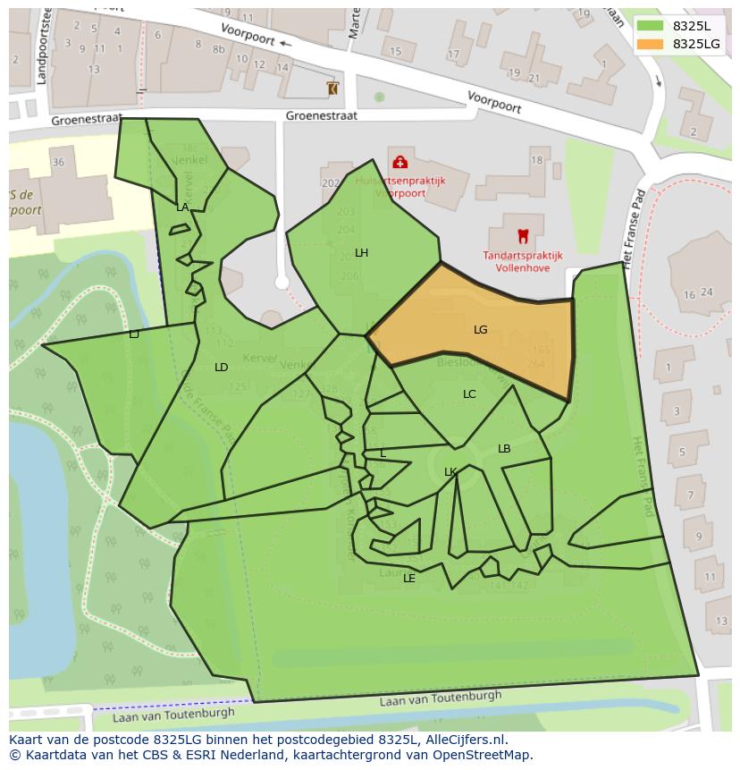 Afbeelding van het postcodegebied 8325 LG op de kaart.