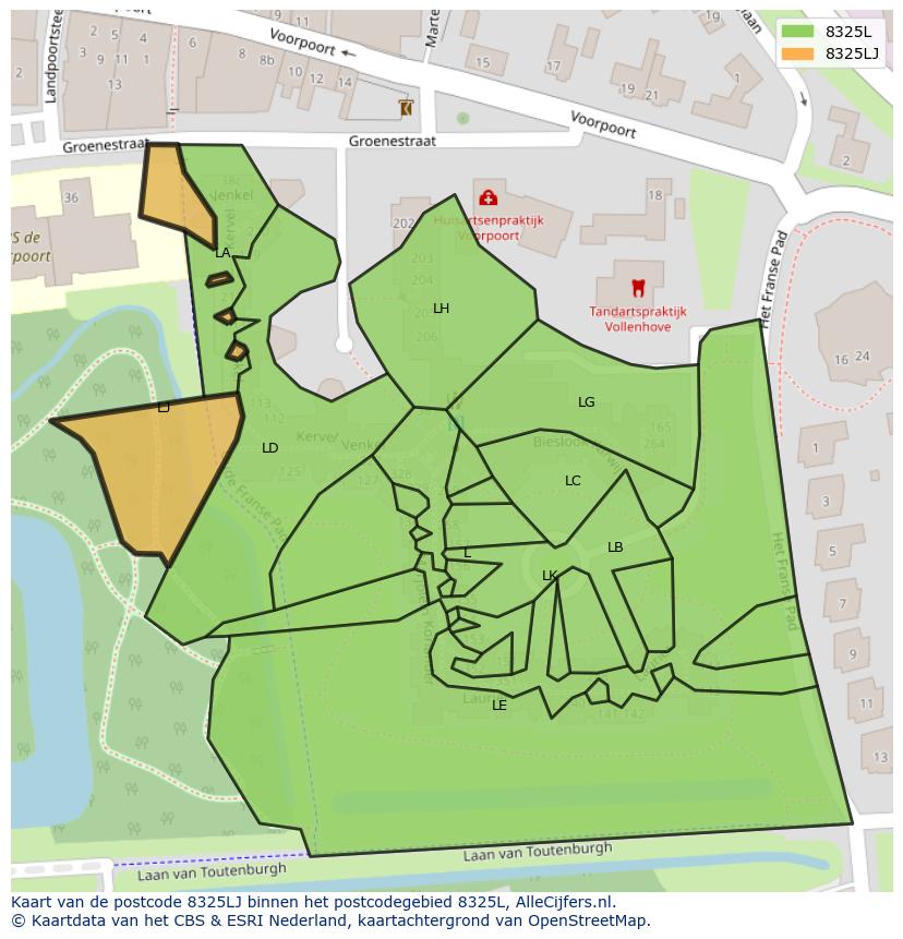 Afbeelding van het postcodegebied 8325 LJ op de kaart.