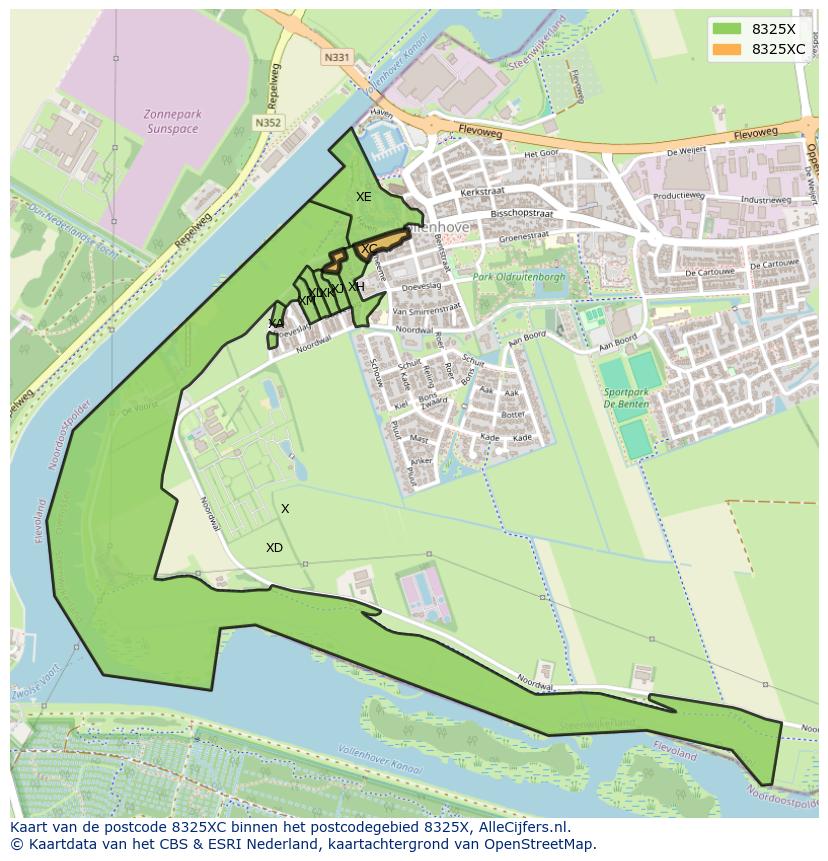 Afbeelding van het postcodegebied 8325 XC op de kaart.