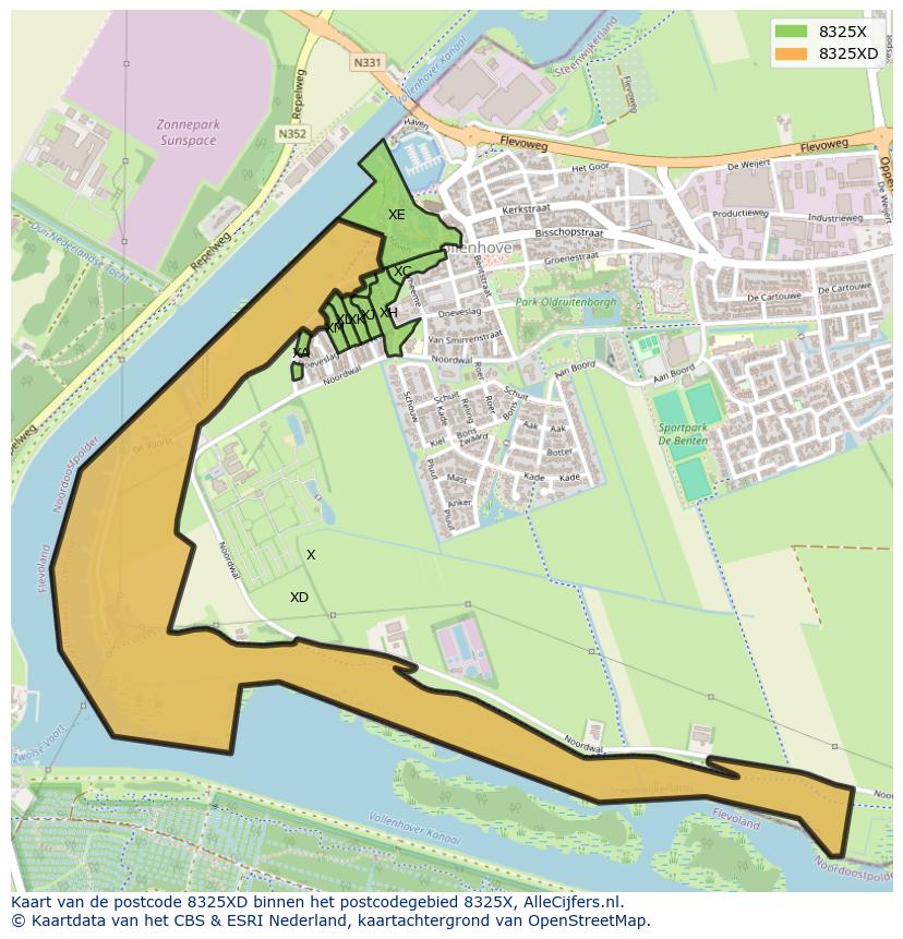 Afbeelding van het postcodegebied 8325 XD op de kaart.