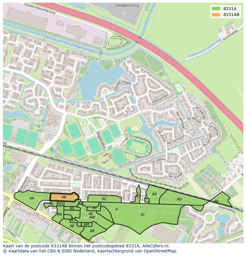 Afbeelding van het postcodegebied 8331 AB op de kaart.