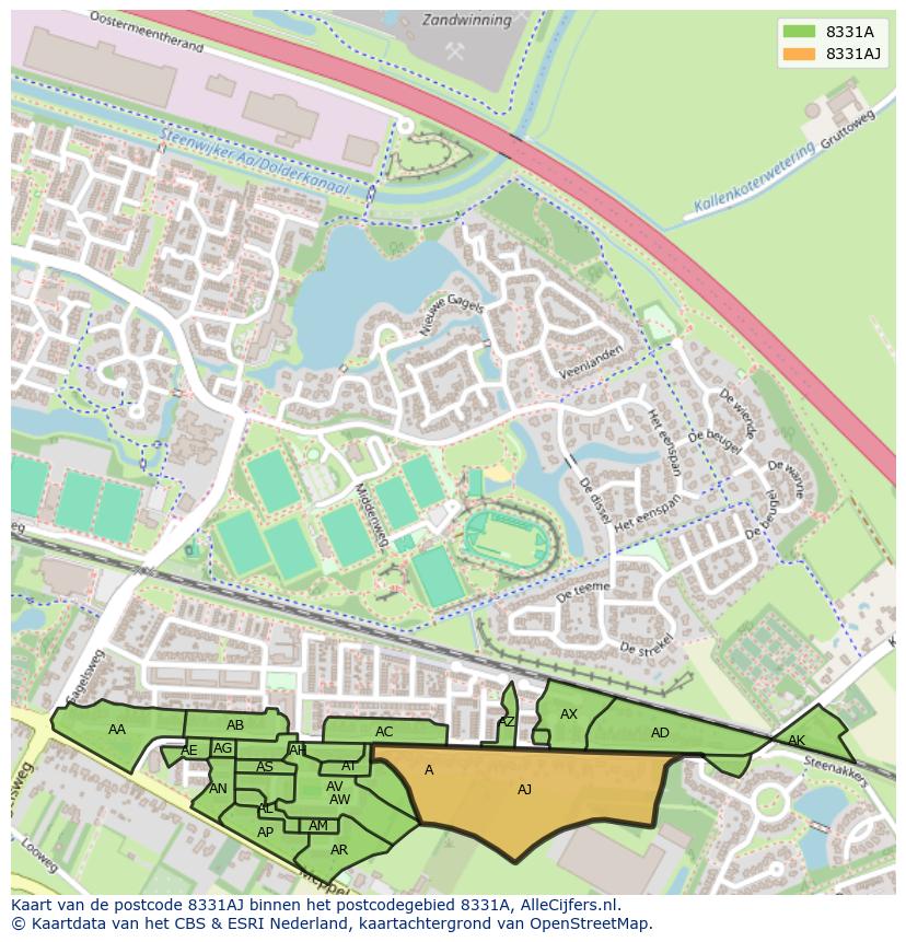 Afbeelding van het postcodegebied 8331 AJ op de kaart.