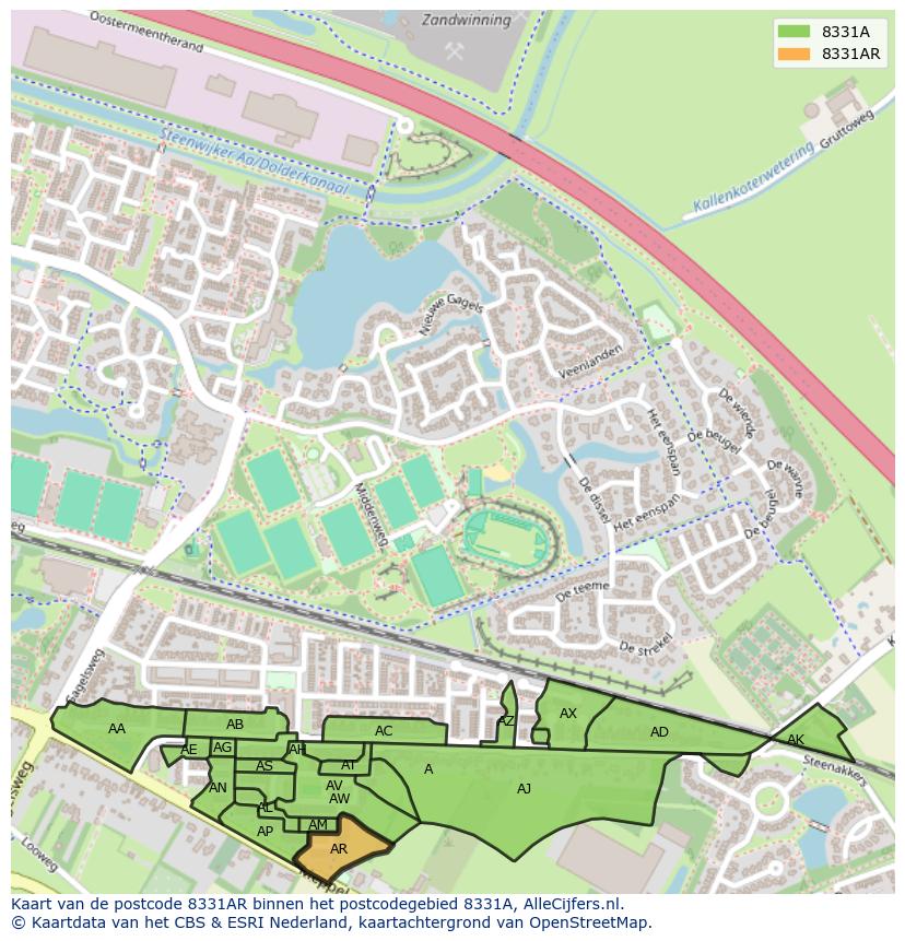 Afbeelding van het postcodegebied 8331 AR op de kaart.
