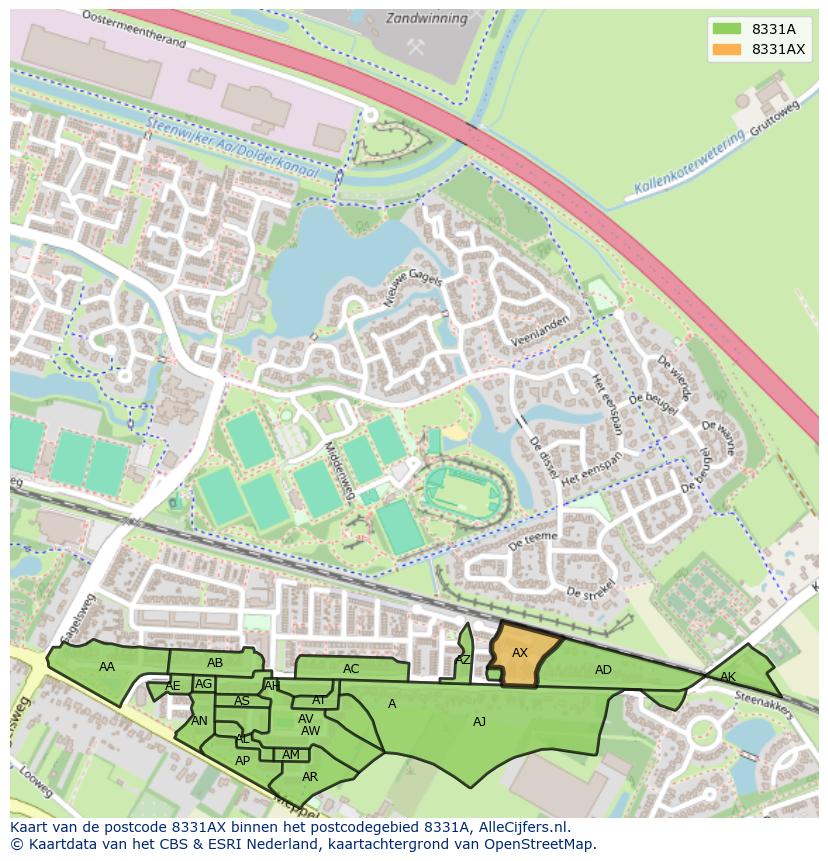 Afbeelding van het postcodegebied 8331 AX op de kaart.