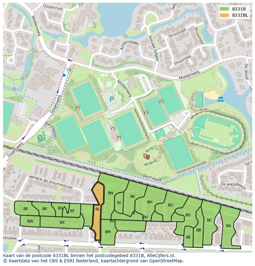Afbeelding van het postcodegebied 8331 BL op de kaart.