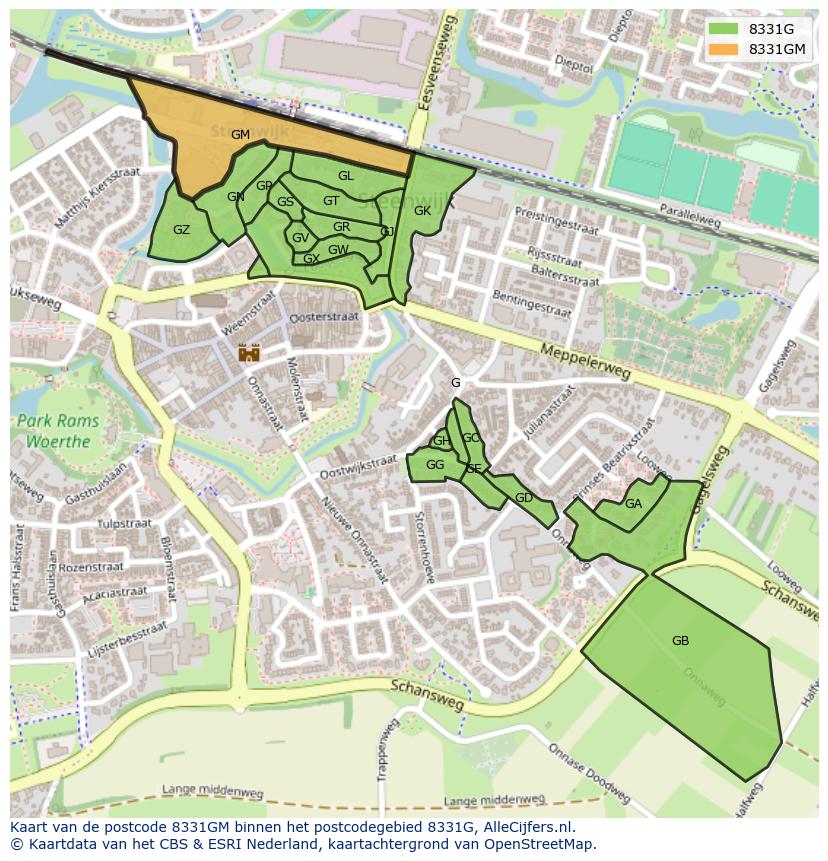 Afbeelding van het postcodegebied 8331 GM op de kaart.