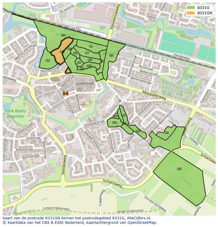 Afbeelding van het postcodegebied 8331 GN op de kaart.