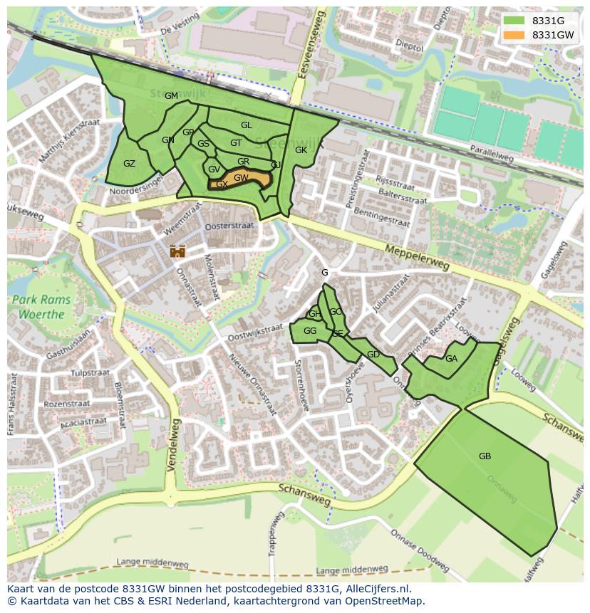Afbeelding van het postcodegebied 8331 GW op de kaart.