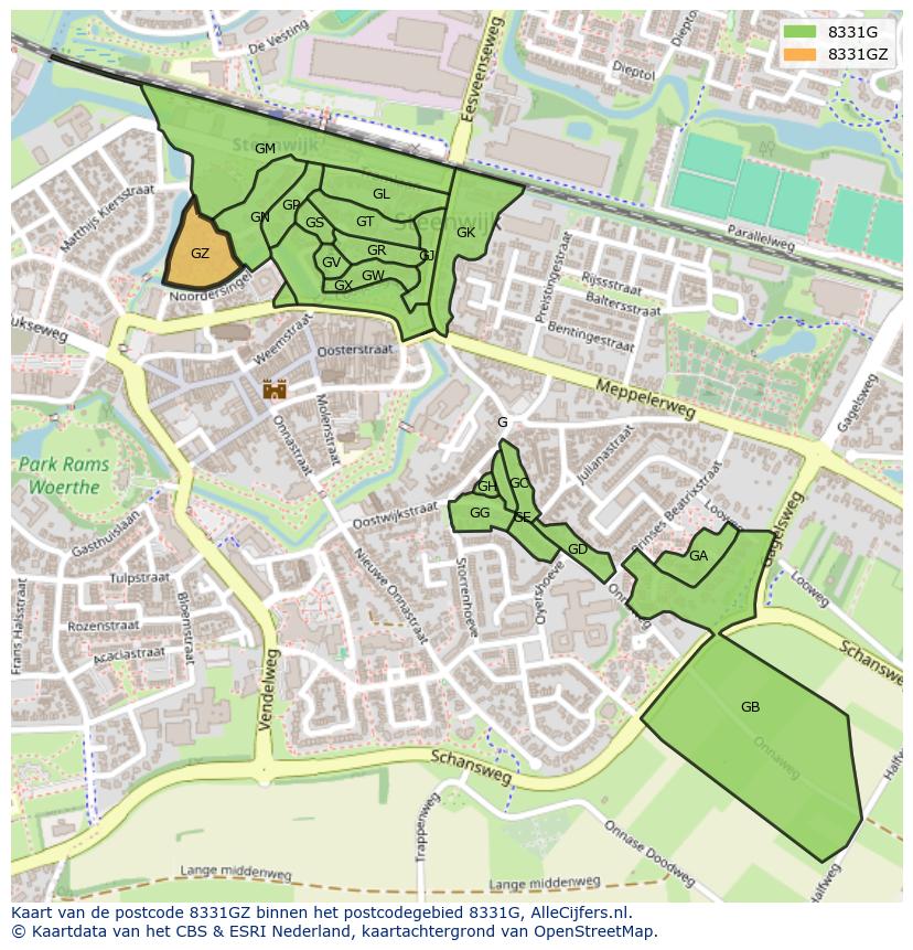 Afbeelding van het postcodegebied 8331 GZ op de kaart.