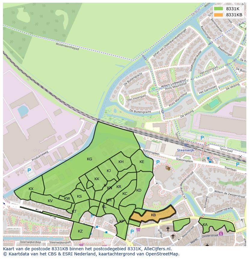 Afbeelding van het postcodegebied 8331 KB op de kaart.