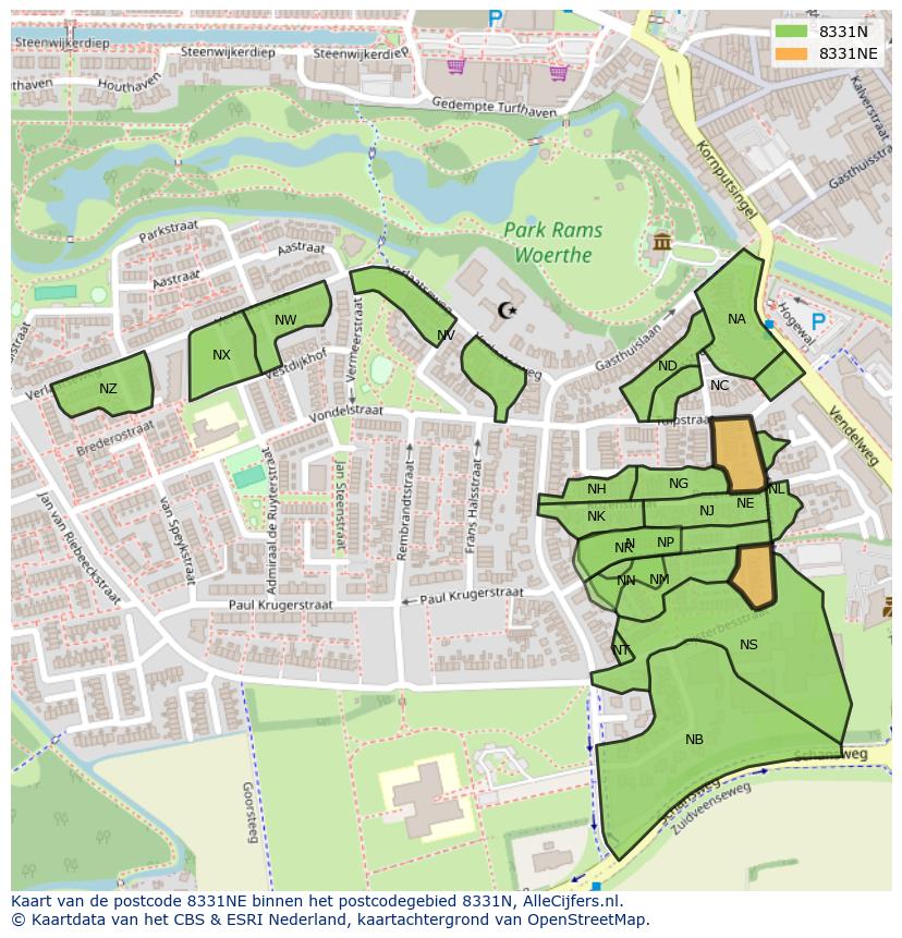 Afbeelding van het postcodegebied 8331 NE op de kaart.