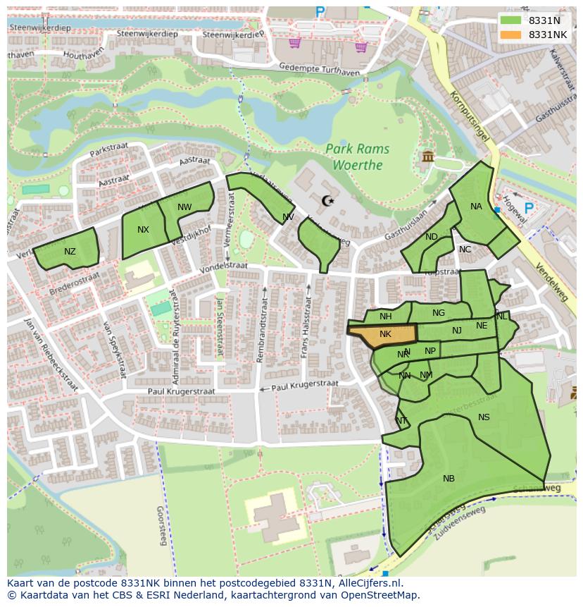 Afbeelding van het postcodegebied 8331 NK op de kaart.