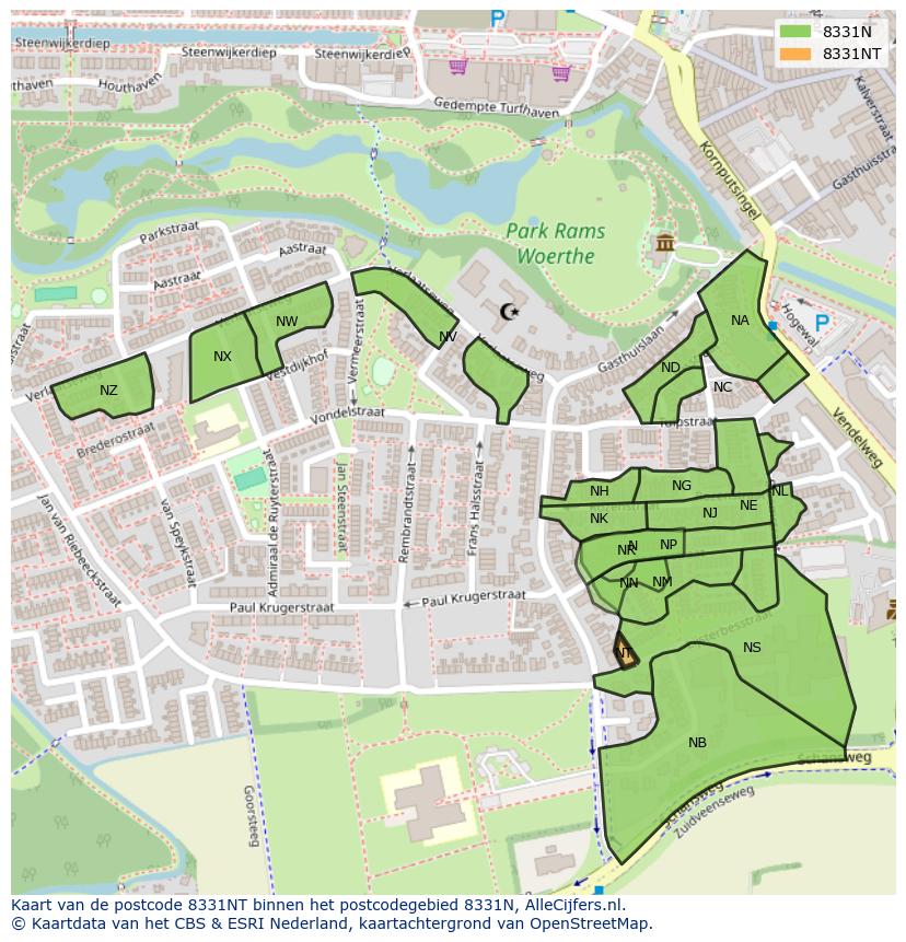 Afbeelding van het postcodegebied 8331 NT op de kaart.