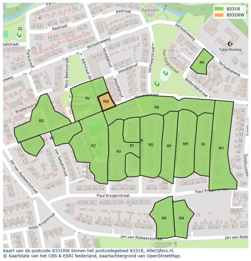 Afbeelding van het postcodegebied 8331 RW op de kaart.