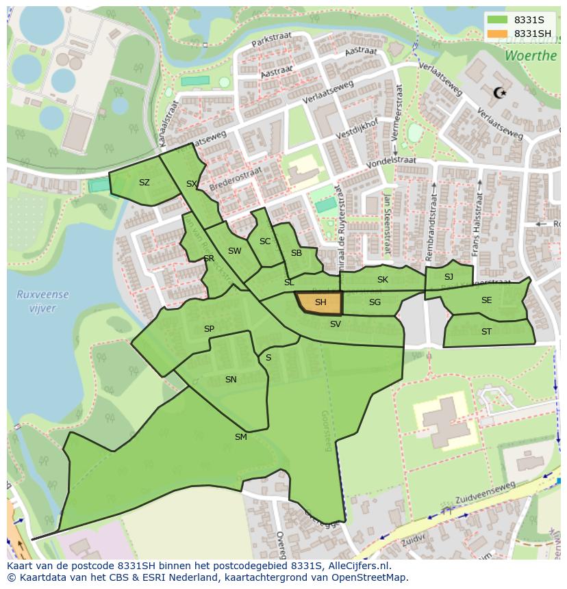 Afbeelding van het postcodegebied 8331 SH op de kaart.