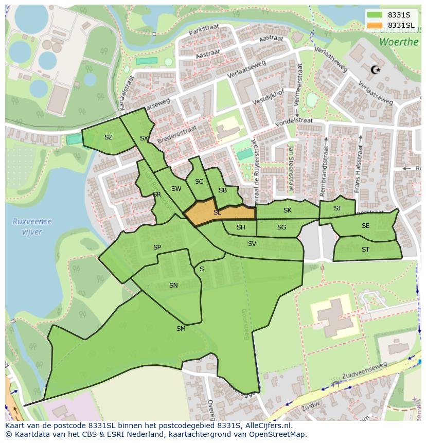 Afbeelding van het postcodegebied 8331 SL op de kaart.