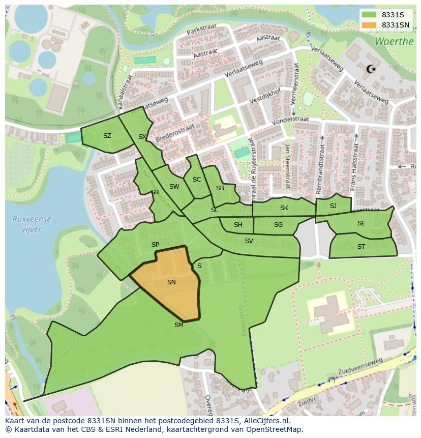 Afbeelding van het postcodegebied 8331 SN op de kaart.