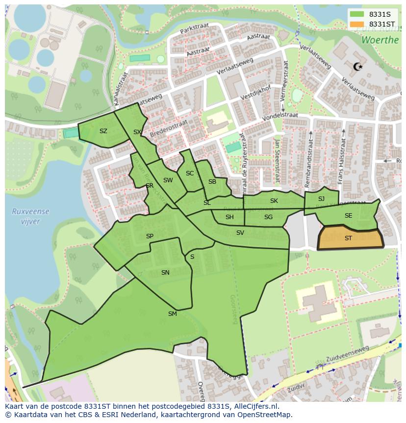 Afbeelding van het postcodegebied 8331 ST op de kaart.